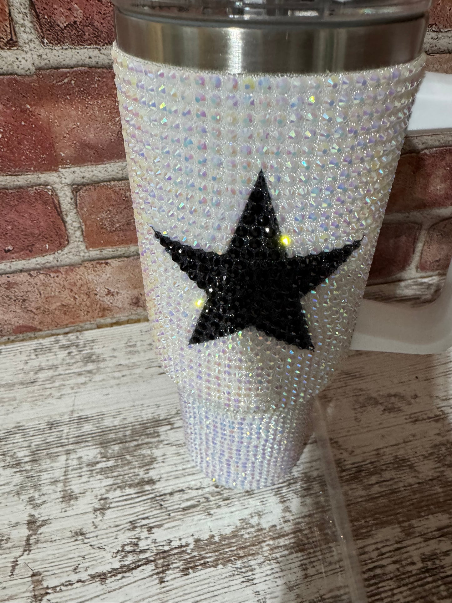 40oz White iridescent Bling Stainless Steel Star Tumbler double wall with straw & Box