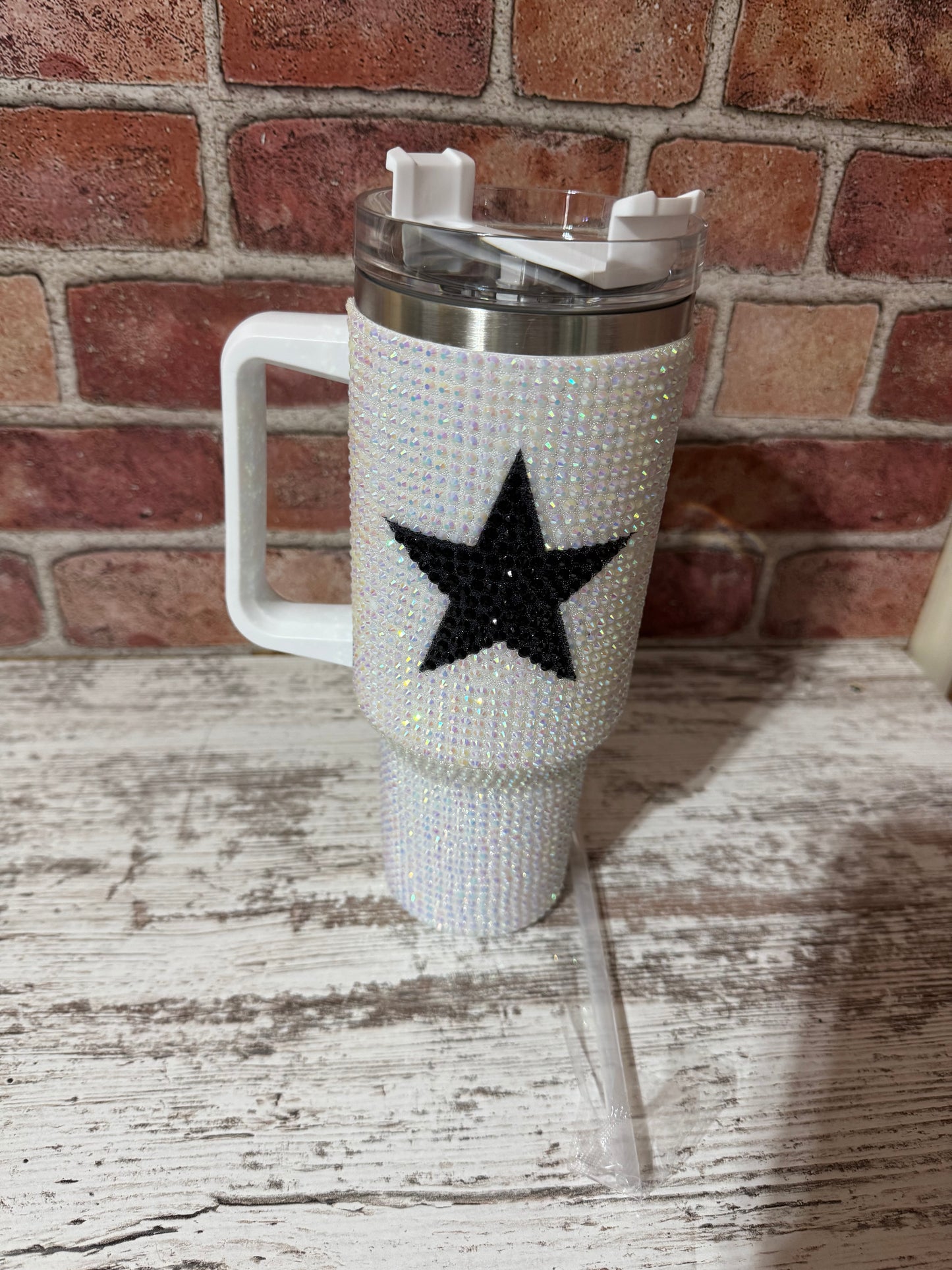40oz White iridescent Bling Stainless Steel Star Tumbler double wall with straw & Box