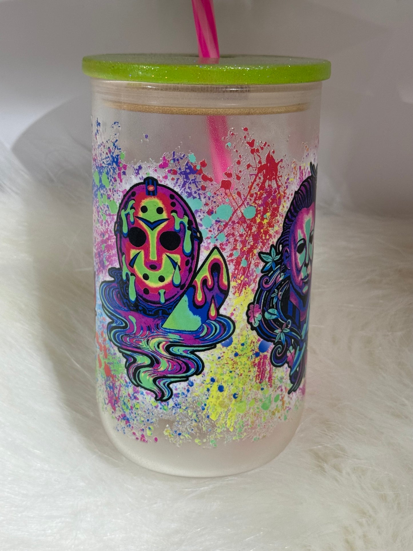 Choose your Design - 15oz Green or Blue Glow in the Dark Glass Tumbler Wooden Lid w/straw