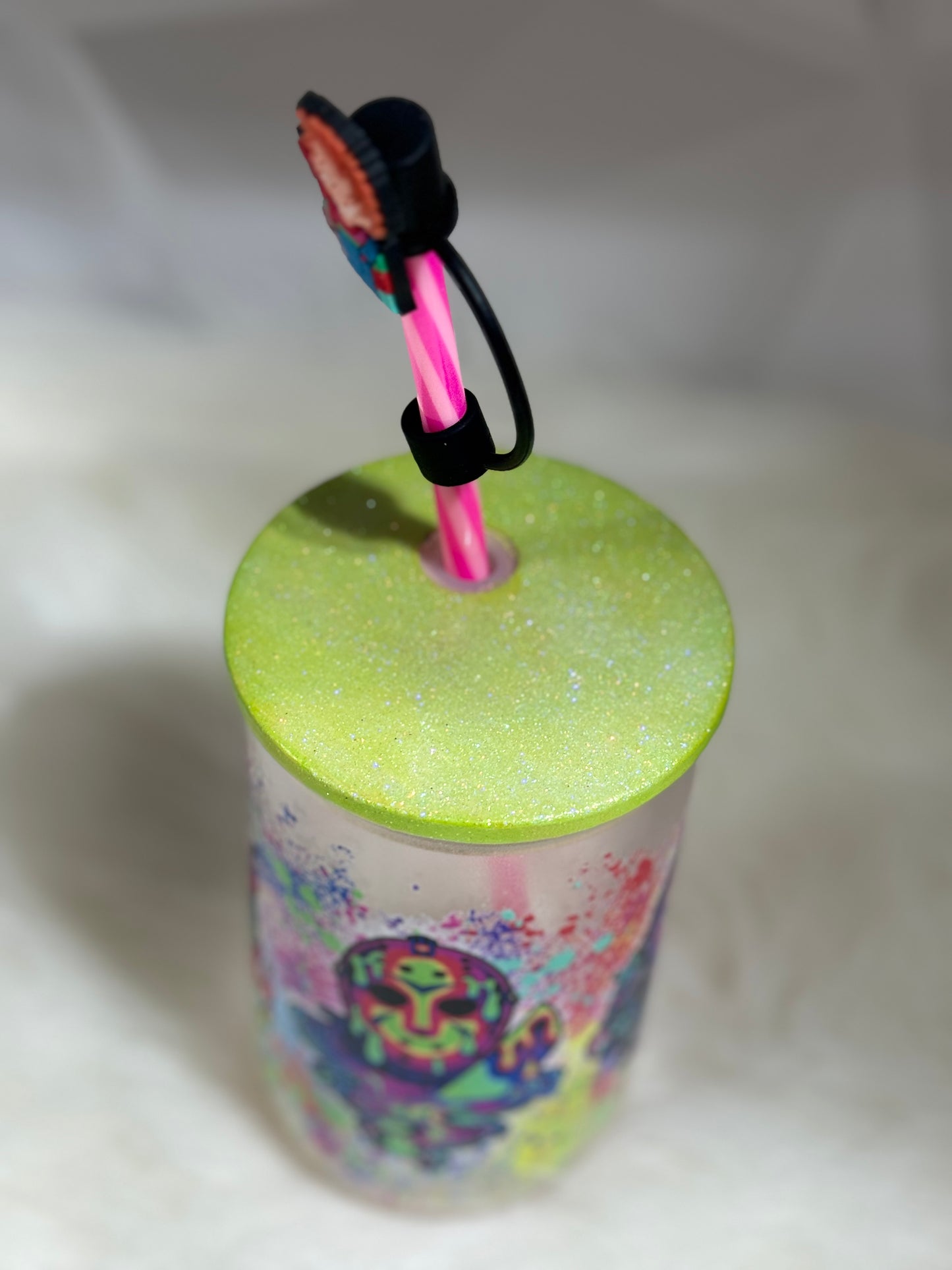 Choose your Design - 15oz Green or Blue Glow in the Dark Glass Tumbler Wooden Lid w/straw