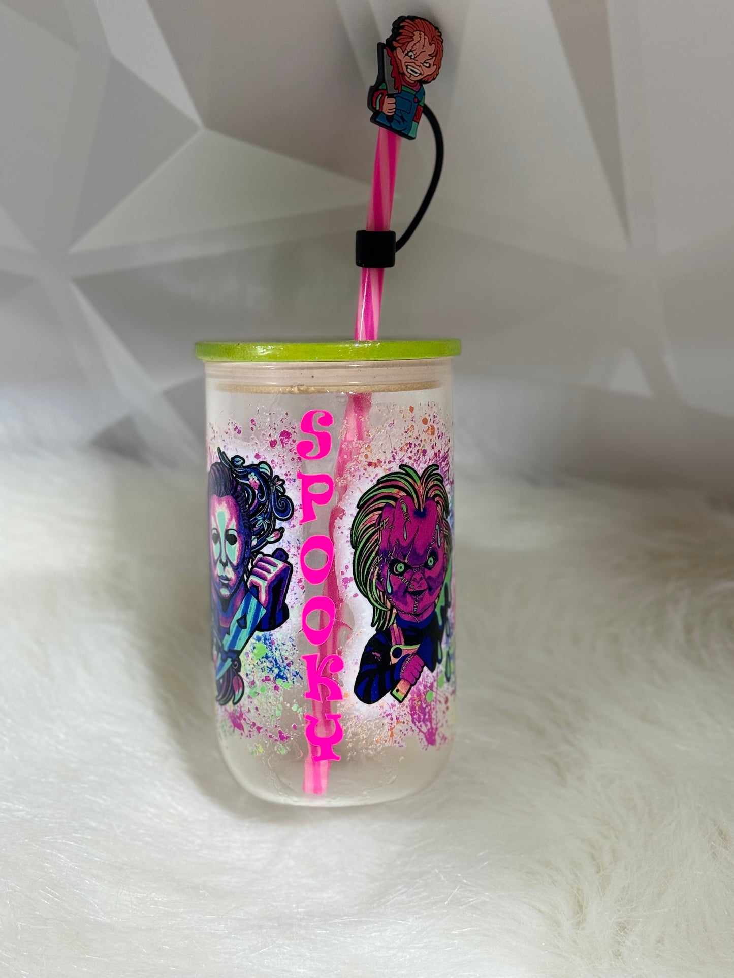 Choose your Design - 15oz Green or Blue Glow in the Dark Glass Tumbler Wooden Lid w/straw