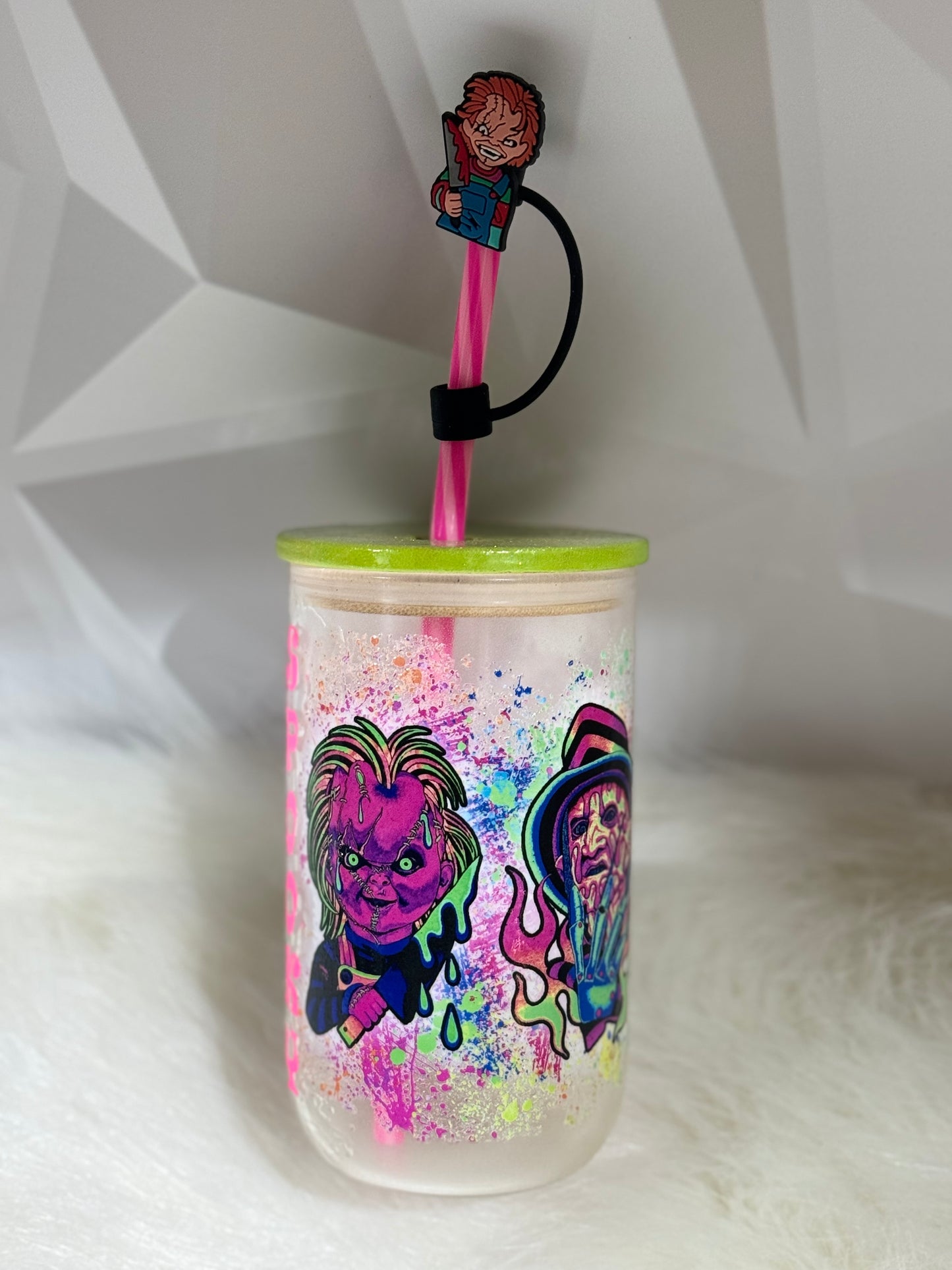 Choose your Design - 15oz Green or Blue Glow in the Dark Glass Tumbler Wooden Lid w/straw