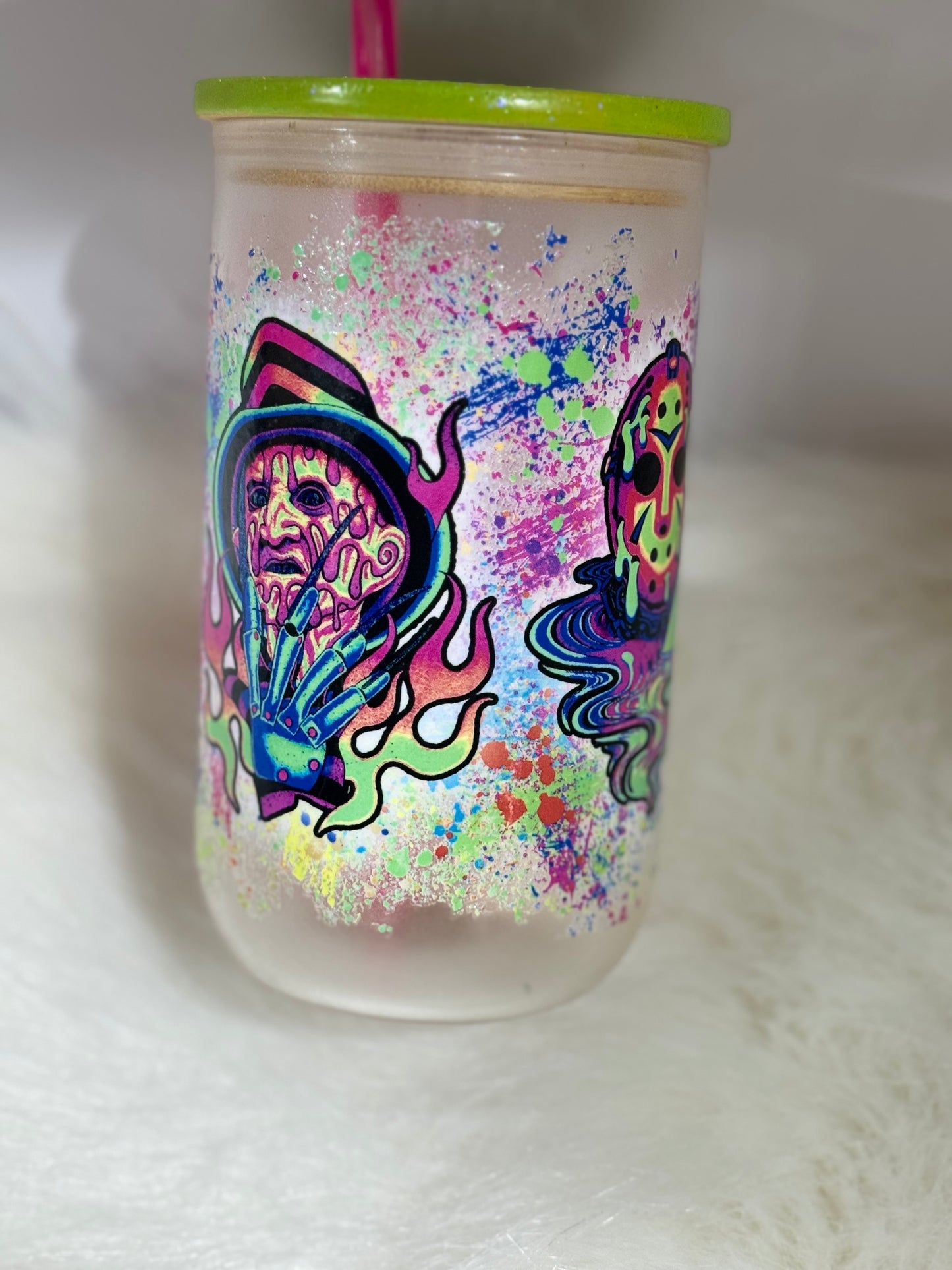 Choose your Design - 15oz Green or Blue Glow in the Dark Glass Tumbler Wooden Lid w/straw